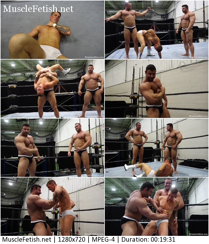 3 muscular guys - Cameron vs Mark Muscle and Zach Altovito - male battle from wrestler4hire 