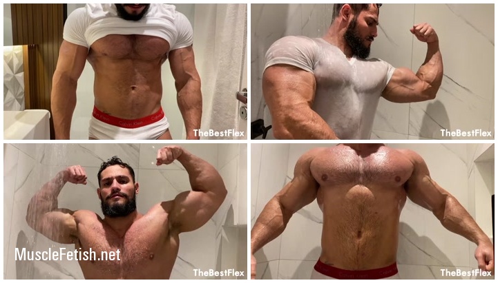 Bodybuilder Airon - Big Muscles Shower In White Tshirt
