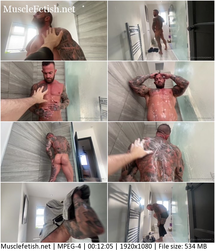 Bodybuilder Gareth Hulin in the shower. Muscular body touch POV.