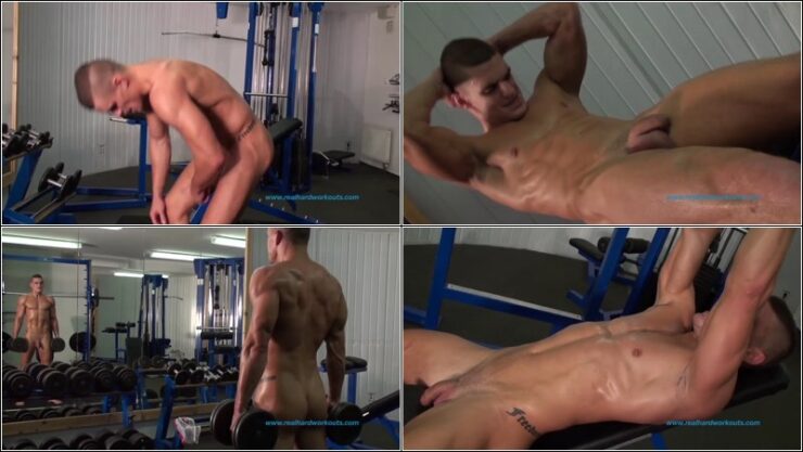 Muscular naked guy working out in the gym - 4 parts
