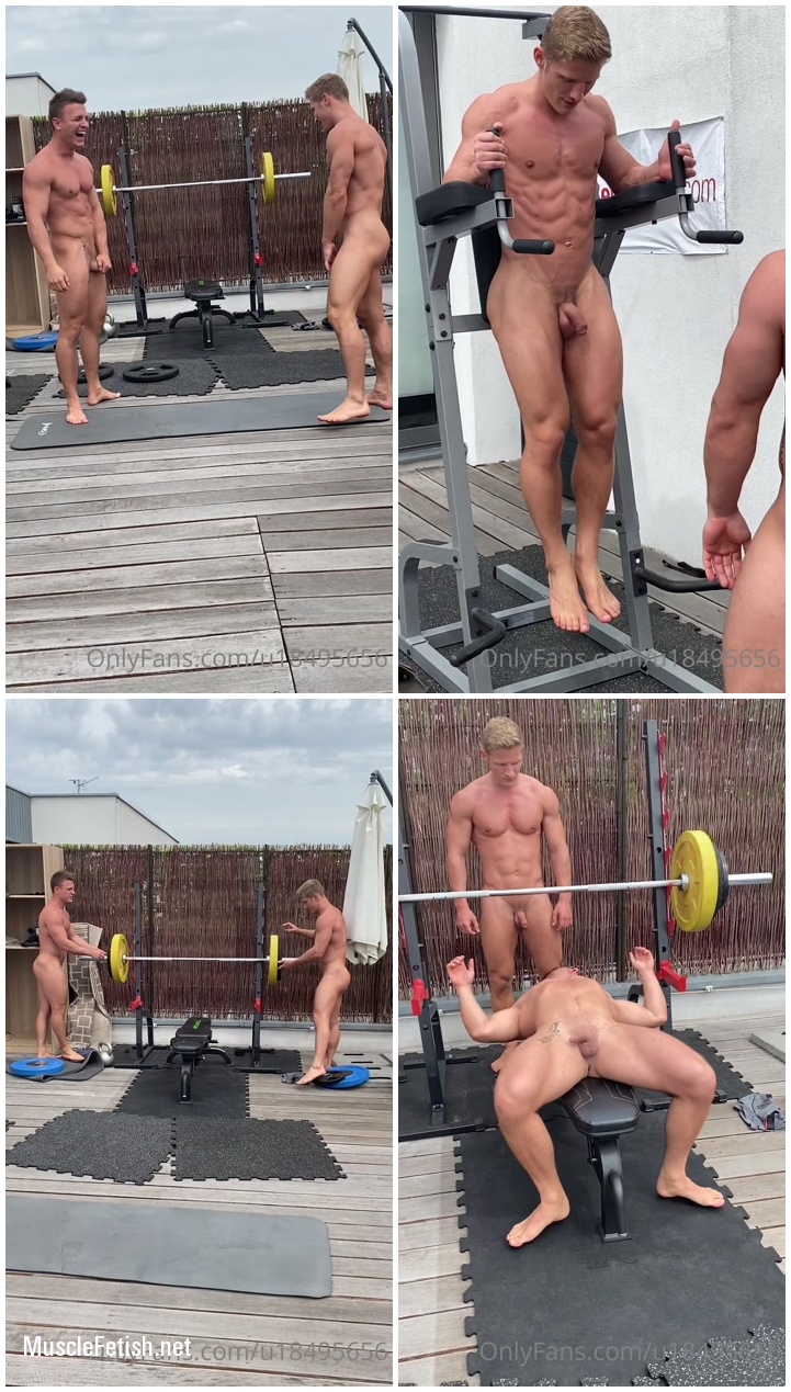 Viggo from OnlyFans and his friend. Watch as two naked muscular hunks have fun in the gym.