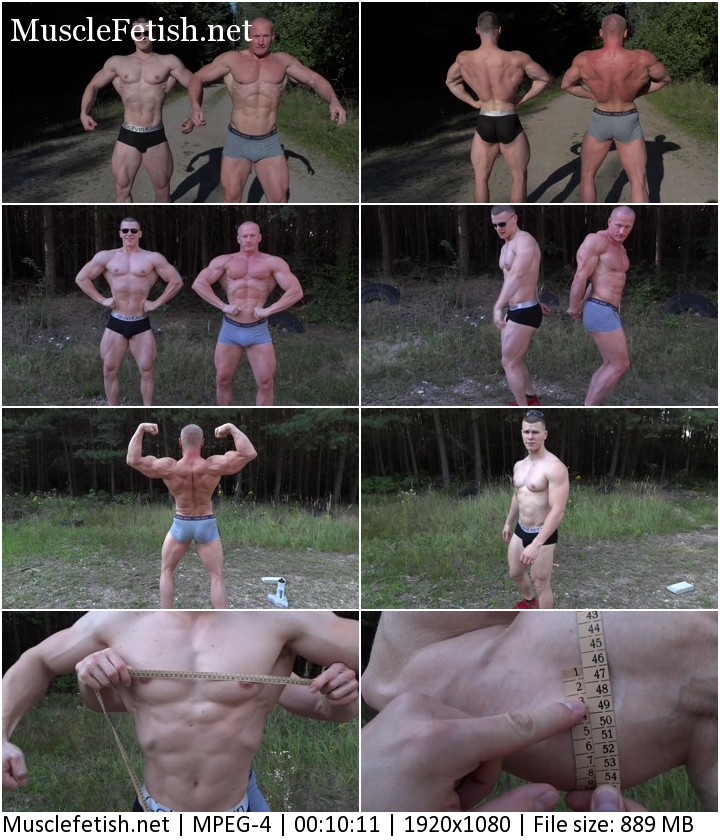 Young and mature bodybuilder posing and measure muscles in the forest